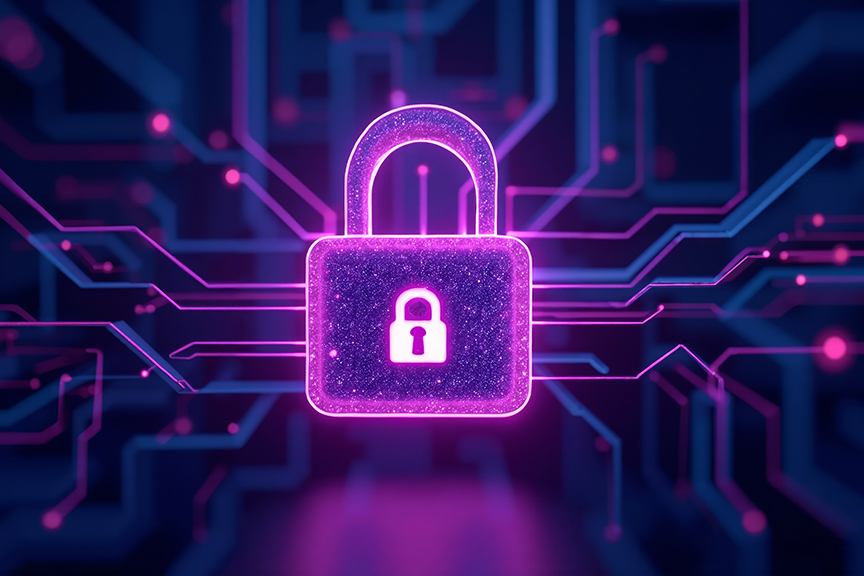 digital lock symbolizing cybersecurity in a futuristic technology landscape at night